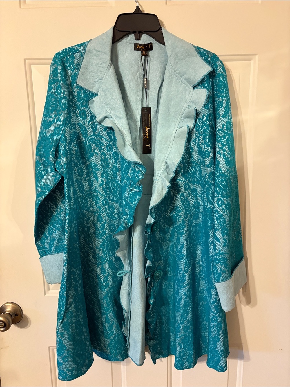 Lace-Pattern Teal Ruffled Robe Jacket - Picture 1 of 3